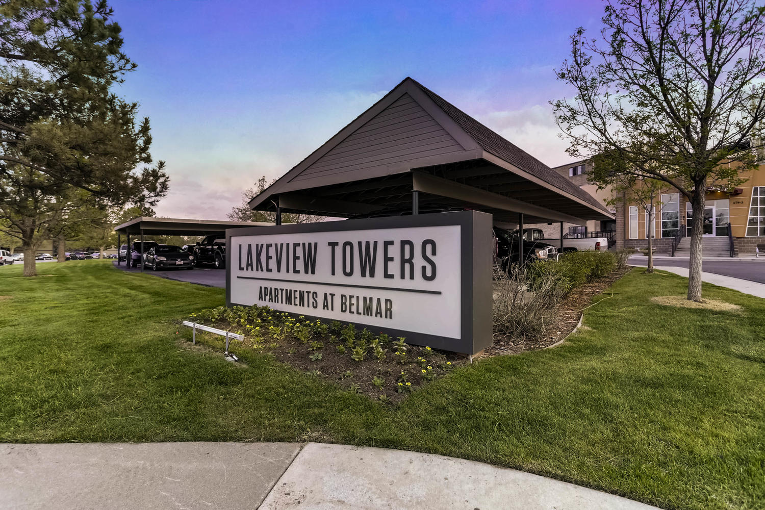 Property sign for Lakeview Towers at the parking lot entrance
