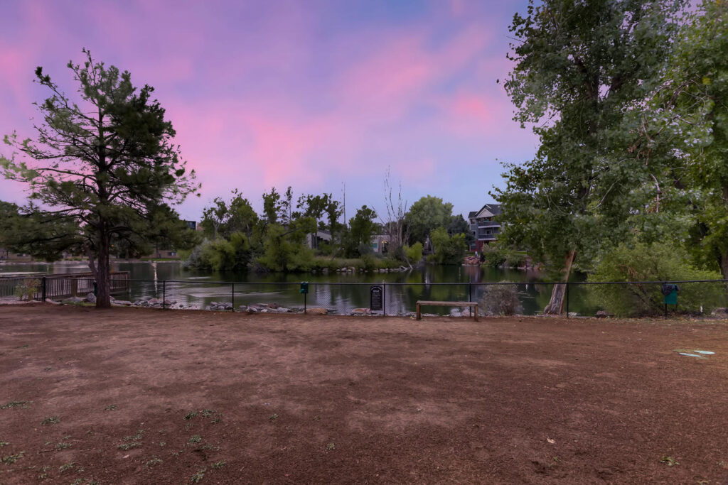 Large fenced dog park next to the lake