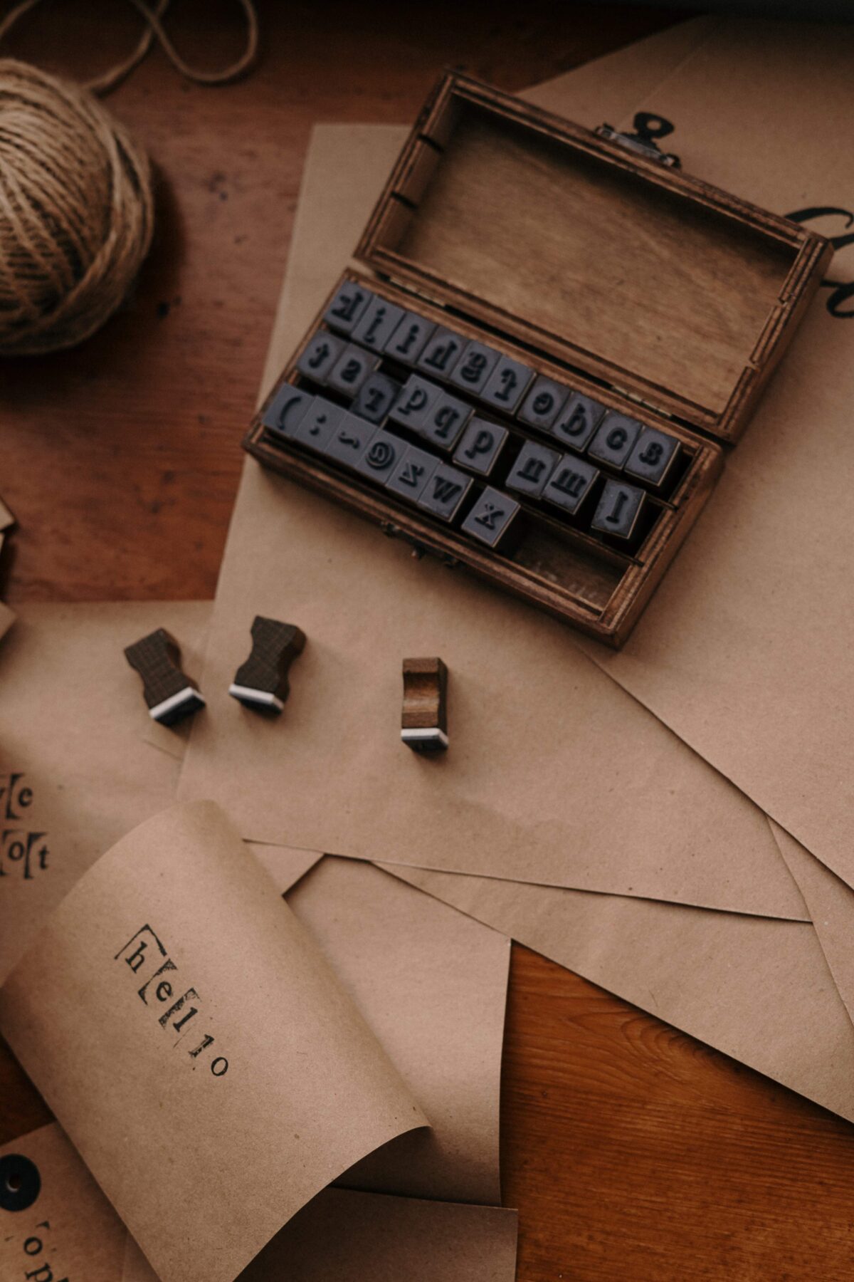 A box of letter stamps sitting on a desk, the word hello is stamped on a piece of paper